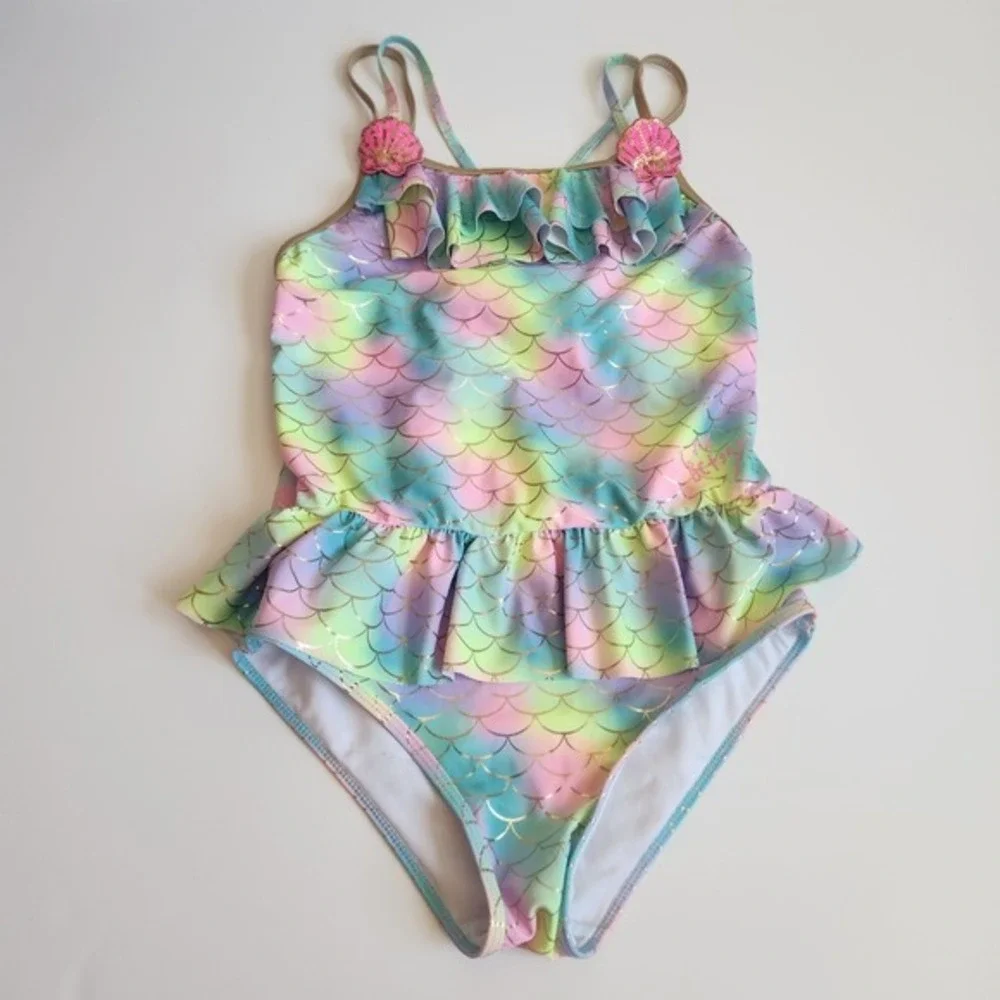 Betsey Johnson Girls XL 14 Mermaid‎ Scale Rainbow Ruffle One Piece Swimsuit Gold